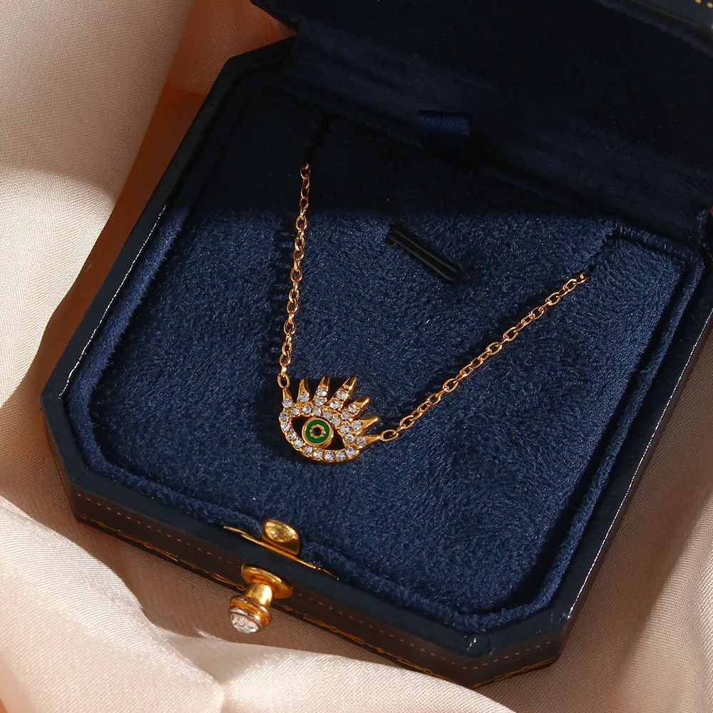 Vintage Style Shiny Devil'S Eye Stainless Steel Plating Inlay Rhinestones 18K Gold Plated Pendant Necklace_colorza_6