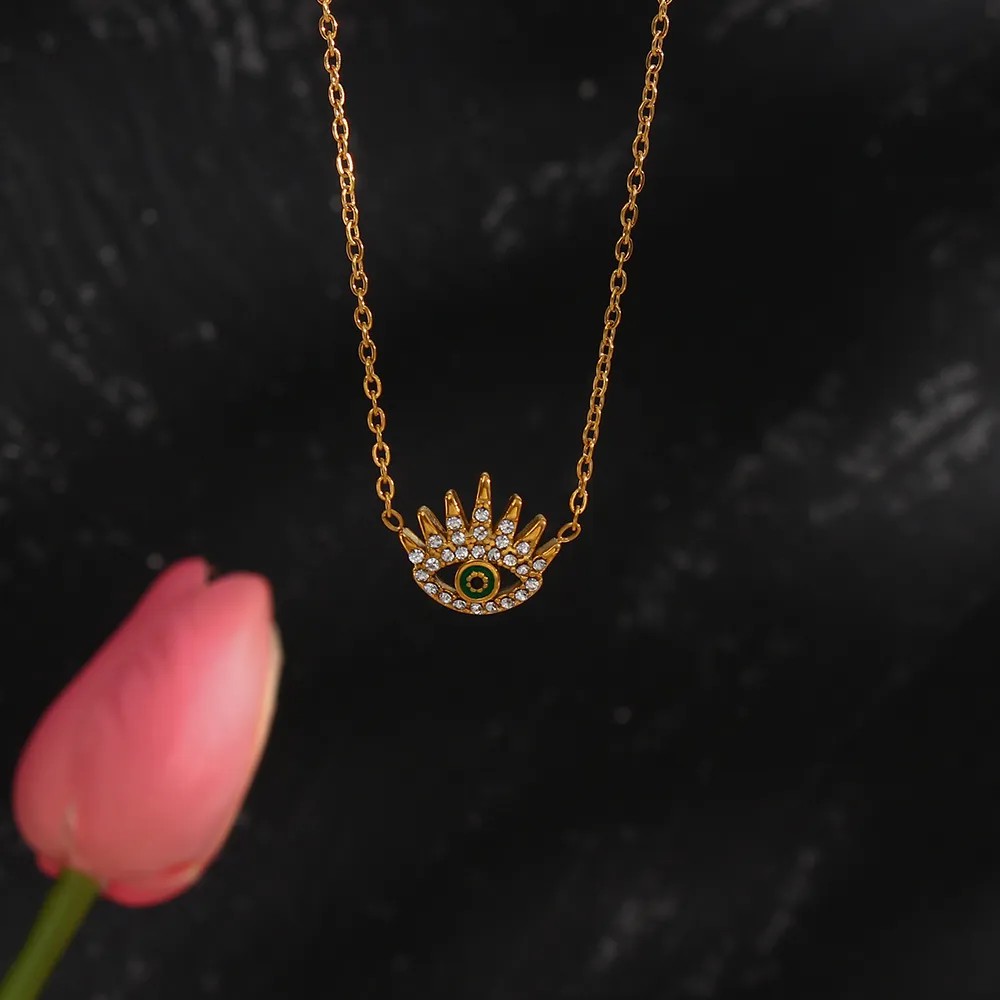Vintage Style Shiny Devil'S Eye Stainless Steel Plating Inlay Rhinestones 18K Gold Plated Pendant Necklace_colorza_8