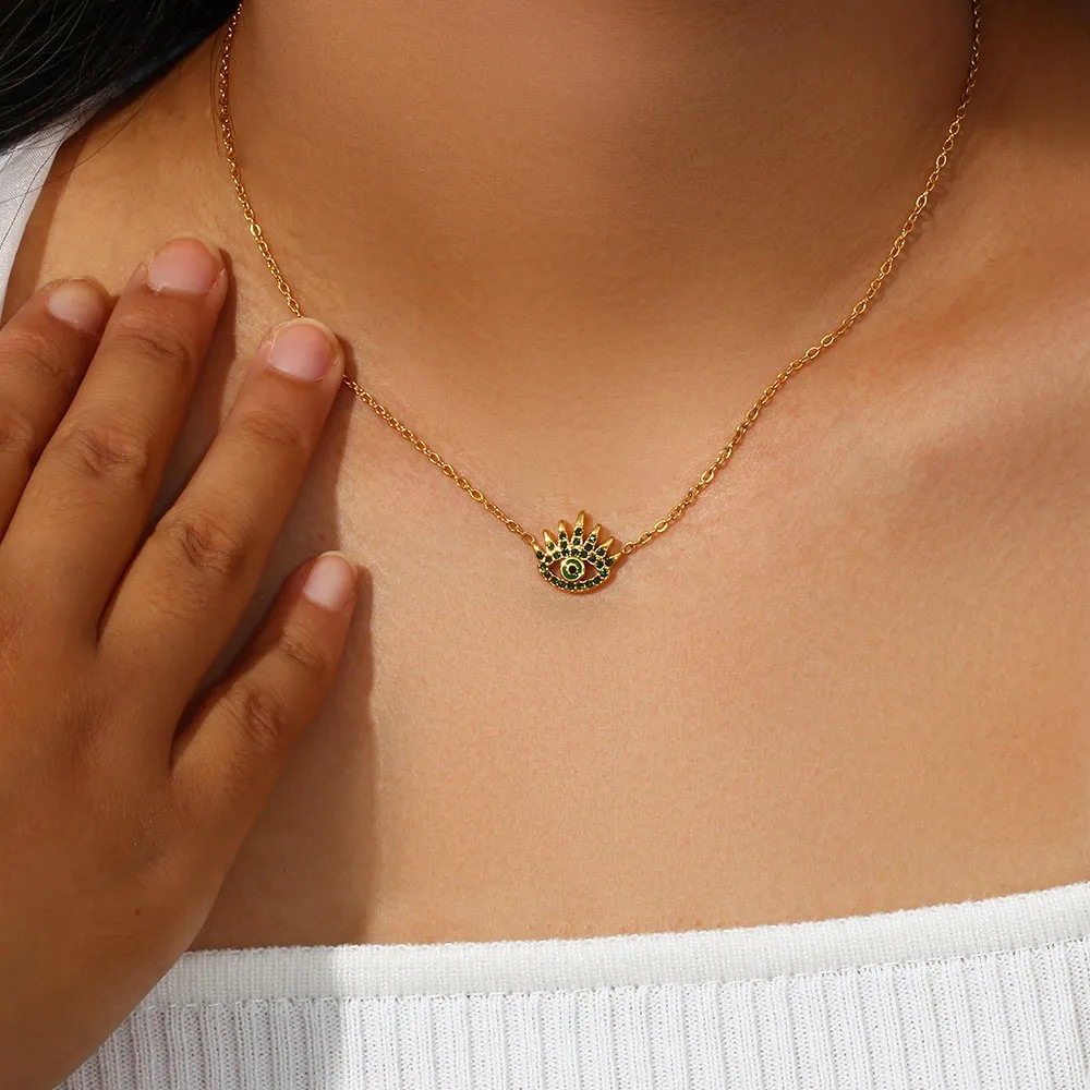 Vintage Style Shiny Devil'S Eye Stainless Steel Plating Inlay Rhinestones 18K Gold Plated Pendant Necklace_colorza_12