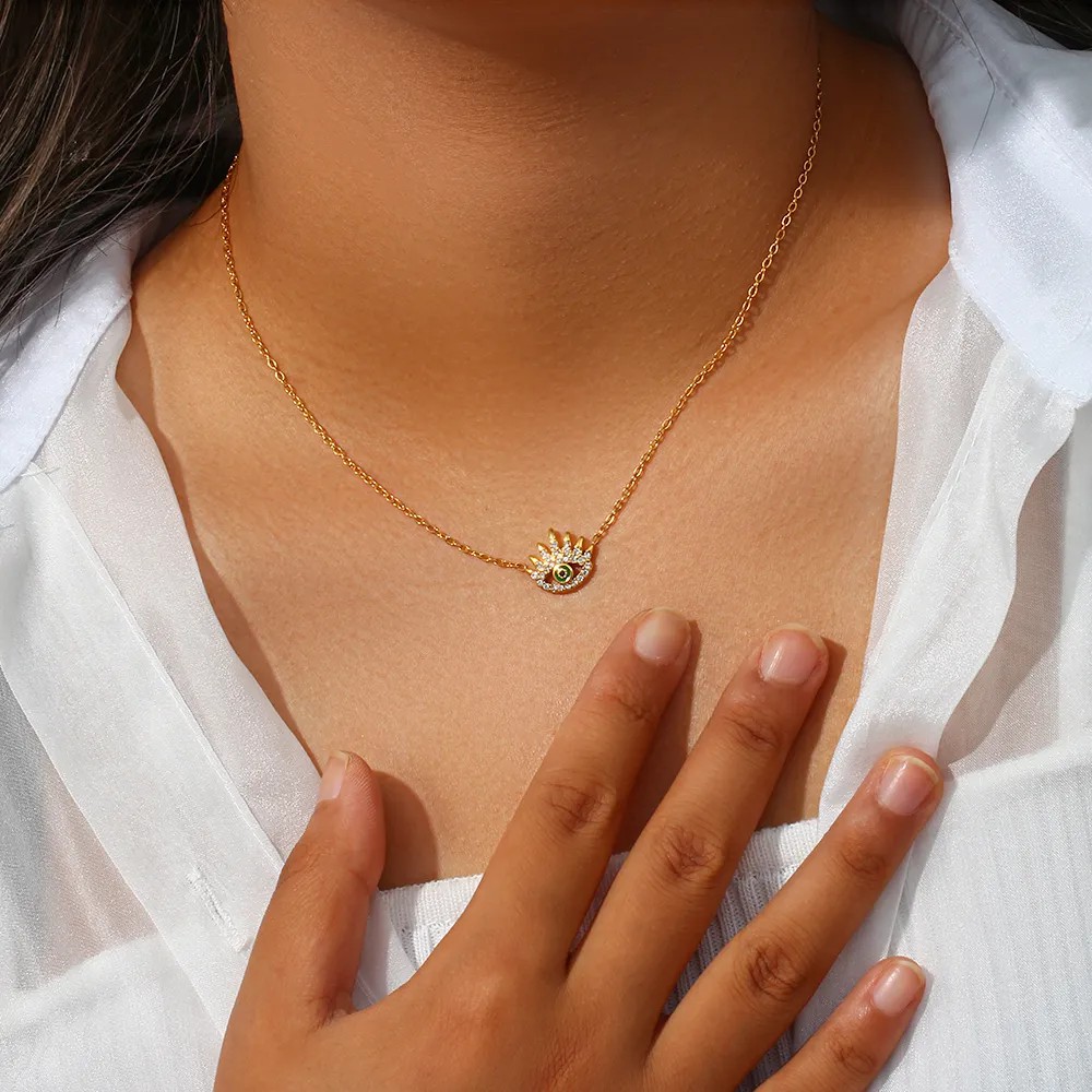 Vintage Style Shiny Devil'S Eye Stainless Steel Plating Inlay Rhinestones 18K Gold Plated Pendant Necklace_colorza_14
