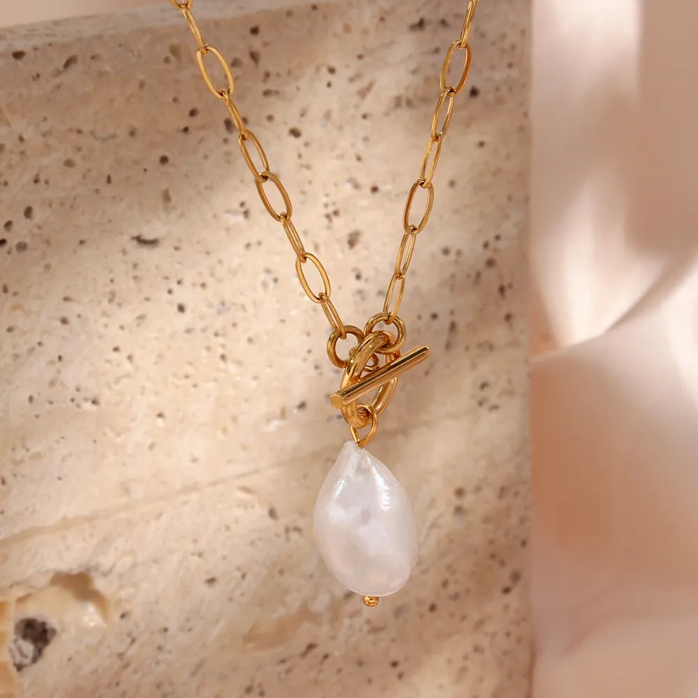 Elegant Vintage Style Irregular Stainless Steel Freshwater Pearl Toggle Pendant Necklace_colorza_1