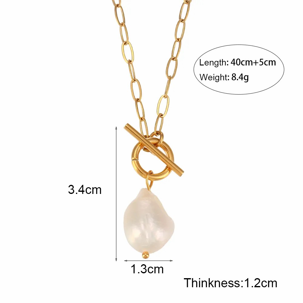 Elegant Vintage Style Irregular Stainless Steel Freshwater Pearl Toggle Pendant Necklace_colorza_2