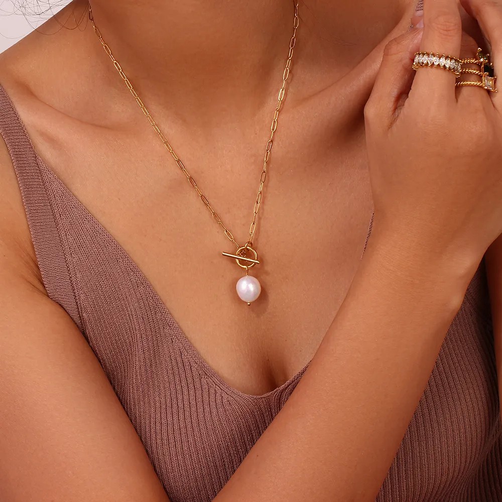 Elegant Vintage Style Irregular Stainless Steel Freshwater Pearl Toggle Pendant Necklace_colorza_3