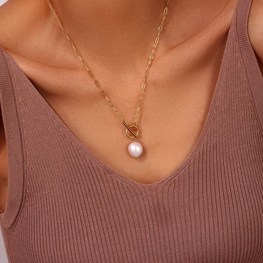 Elegant Vintage Style Irregular Stainless Steel Freshwater Pearl Toggle Pendant Necklace_colorza_5