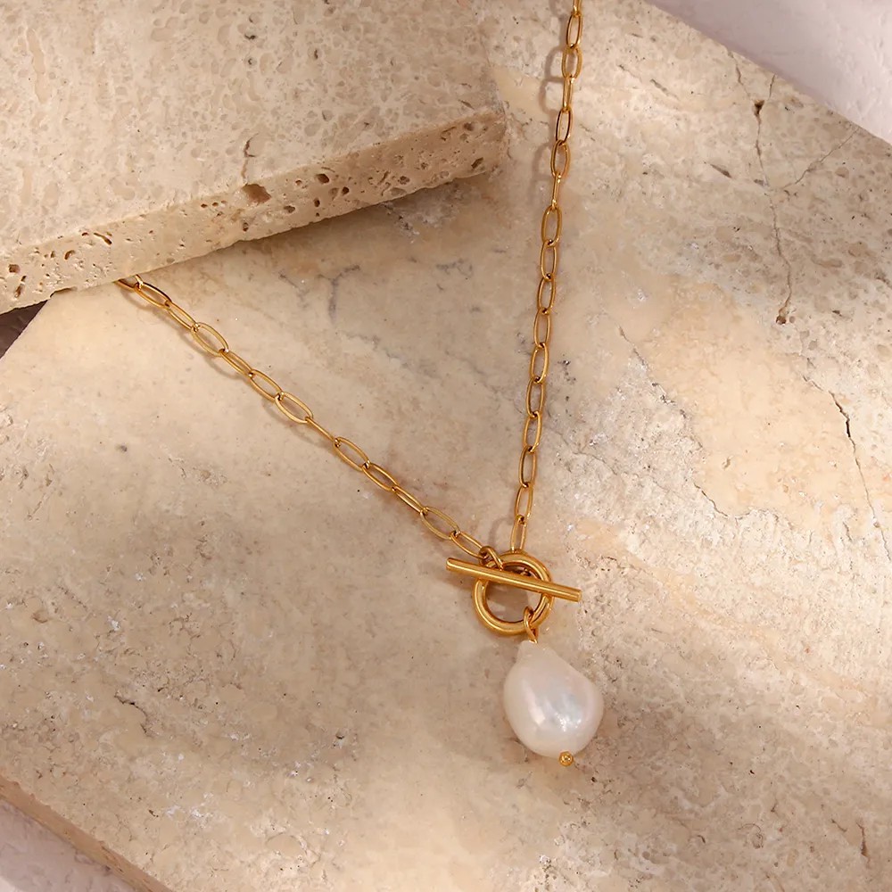Elegant Vintage Style Irregular Stainless Steel Freshwater Pearl Toggle Pendant Necklace_colorza_6