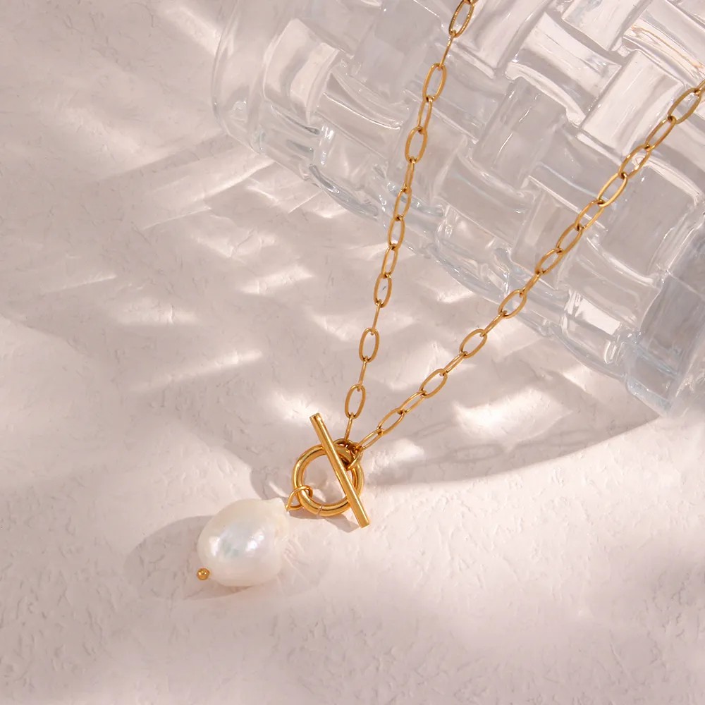 Elegant Vintage Style Irregular Stainless Steel Freshwater Pearl Toggle Pendant Necklace_colorza_7