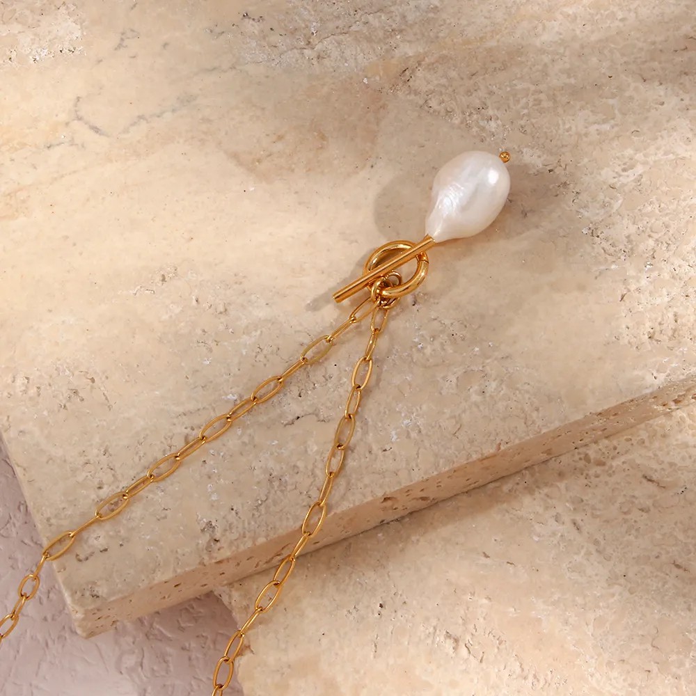 Elegant Vintage Style Irregular Stainless Steel Freshwater Pearl Toggle Pendant Necklace_colorza_8