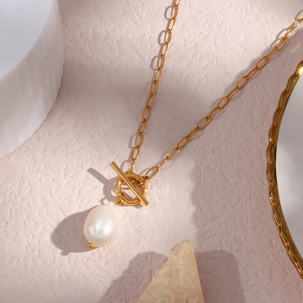 Elegant Vintage Style Irregular Stainless Steel Freshwater Pearl Toggle Pendant Necklace_colorza_9