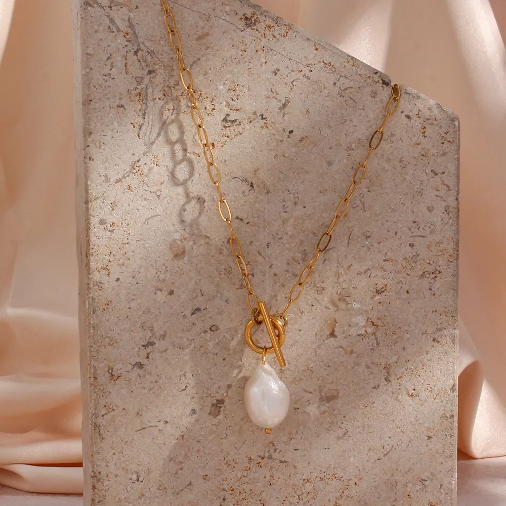 Elegant Vintage Style Irregular Stainless Steel Freshwater Pearl Toggle Pendant Necklace_colorza_10
