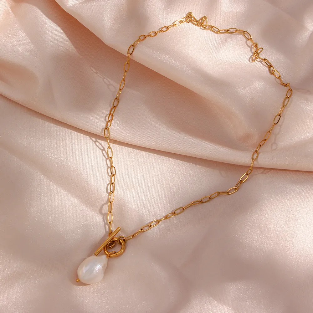 Elegant Vintage Style Irregular Stainless Steel Freshwater Pearl Toggle Pendant Necklace_colorza_11