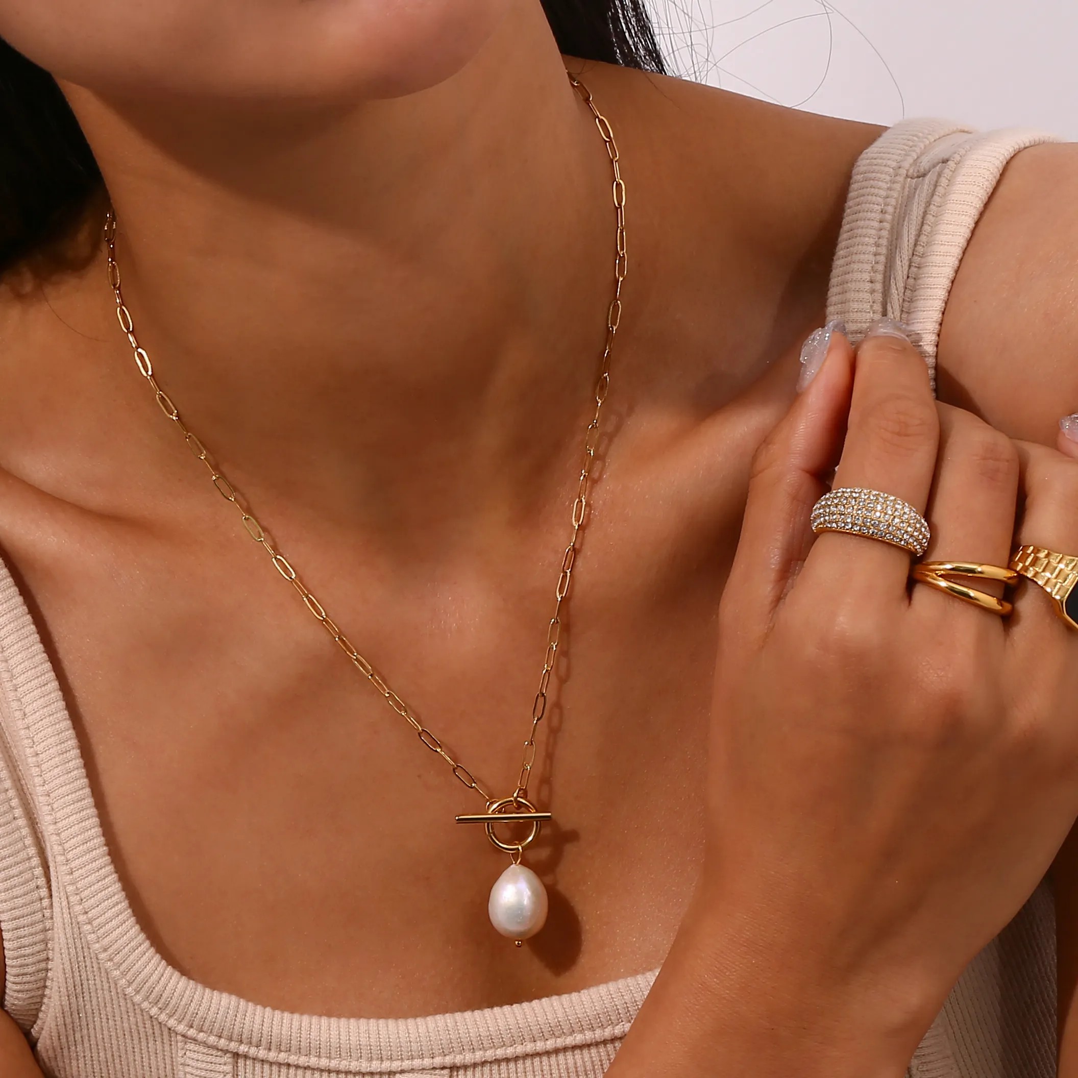 Elegant Vintage Style Irregular Stainless Steel Freshwater Pearl Toggle Pendant Necklace_colorza_14