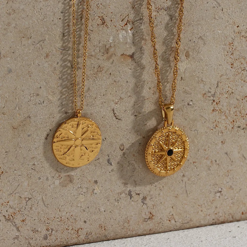 Basic Vintage Style Classic Style Compass Stainless Steel Plating Inlay Zircon 18K Gold Plated Pendant Necklace_colorza_1