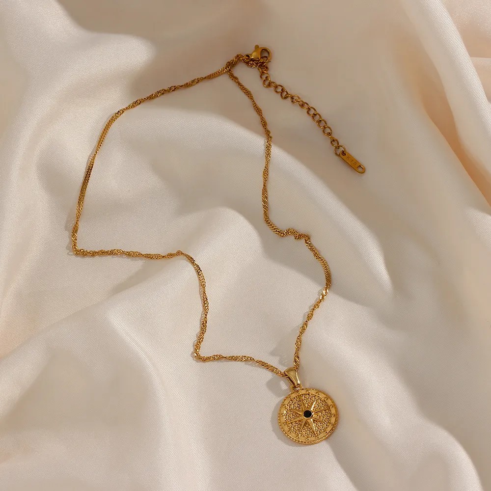 Basic Vintage Style Classic Style Compass Stainless Steel Plating Inlay Zircon 18K Gold Plated Pendant Necklace_colorza_3
