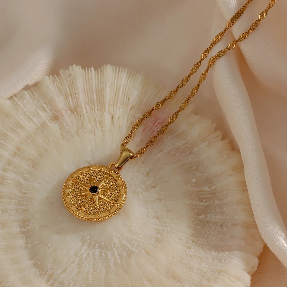 Basic Vintage Style Classic Style Compass Stainless Steel Plating Inlay Zircon 18K Gold Plated Pendant Necklace_colorza_4