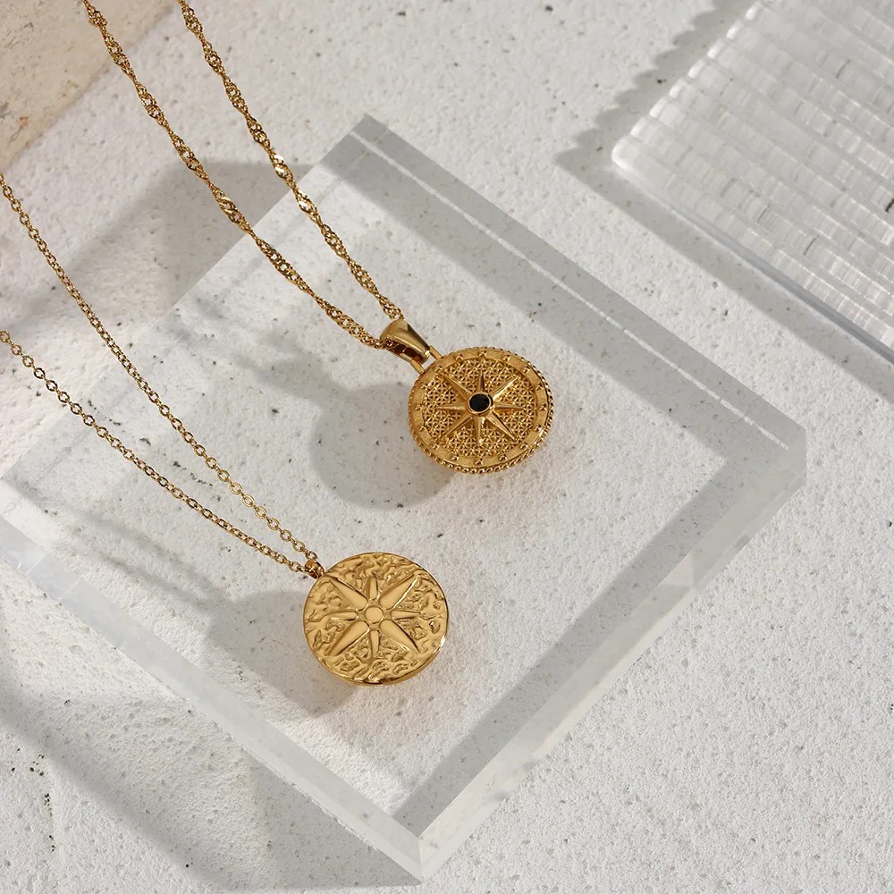 Basic Vintage Style Classic Style Compass Stainless Steel Plating Inlay Zircon 18K Gold Plated Pendant Necklace_colorza_5