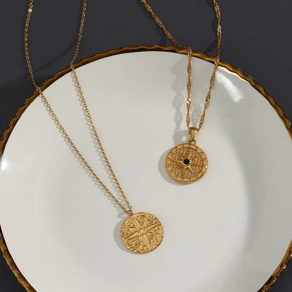 Basic Vintage Style Classic Style Compass Stainless Steel Plating Inlay Zircon 18K Gold Plated Pendant Necklace_colorza_7