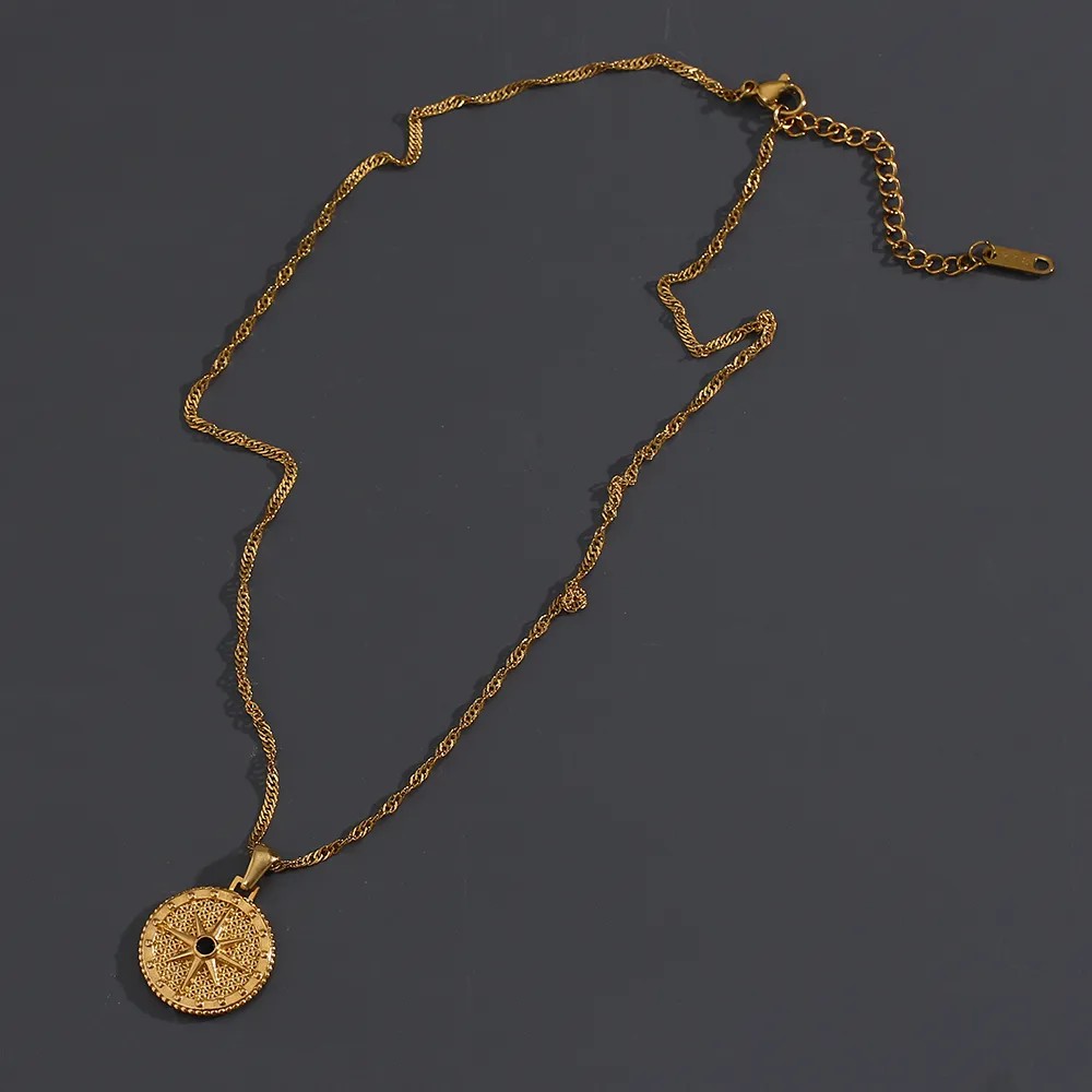 Basic Vintage Style Classic Style Compass Stainless Steel Plating Inlay Zircon 18K Gold Plated Pendant Necklace_colorza_9