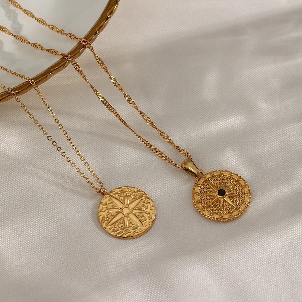 Basic Vintage Style Classic Style Compass Stainless Steel Plating Inlay Zircon 18K Gold Plated Pendant Necklace_colorza_11