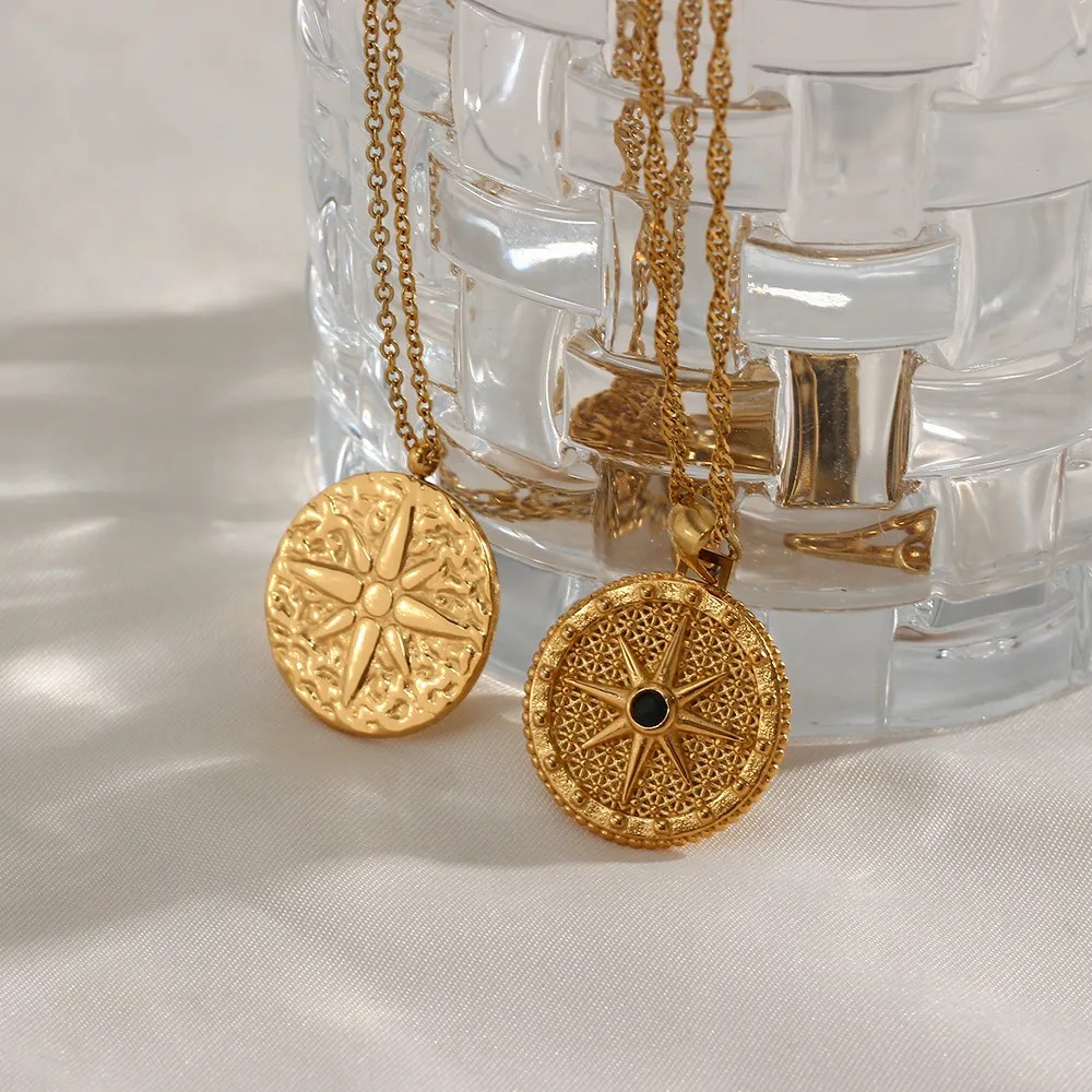 Basic Vintage Style Classic Style Compass Stainless Steel Plating Inlay Zircon 18K Gold Plated Pendant Necklace_colorza_12