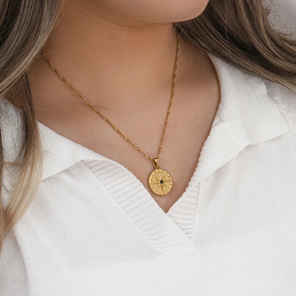 Basic Vintage Style Classic Style Compass Stainless Steel Plating Inlay Zircon 18K Gold Plated Pendant Necklace_colorza_13