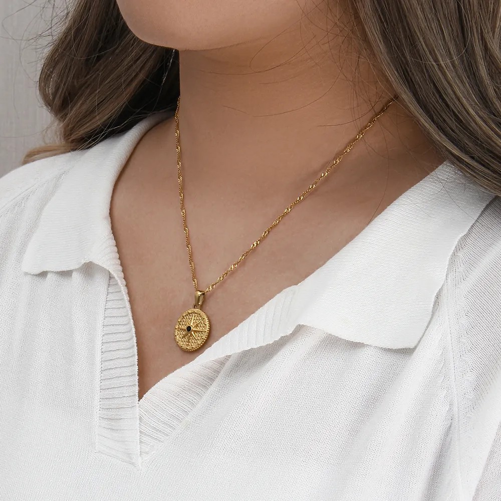 Basic Vintage Style Classic Style Compass Stainless Steel Plating Inlay Zircon 18K Gold Plated Pendant Necklace_colorza_14