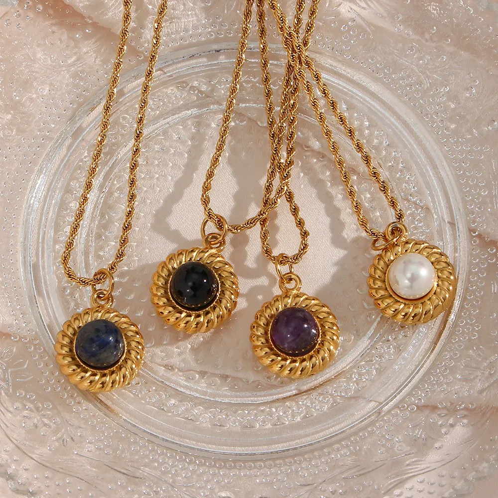 Basic Vintage Style Classic Style Round Stainless Steel Plating Inlay Natural Stone 18K Gold Plated Pendant Necklace_colorza_1