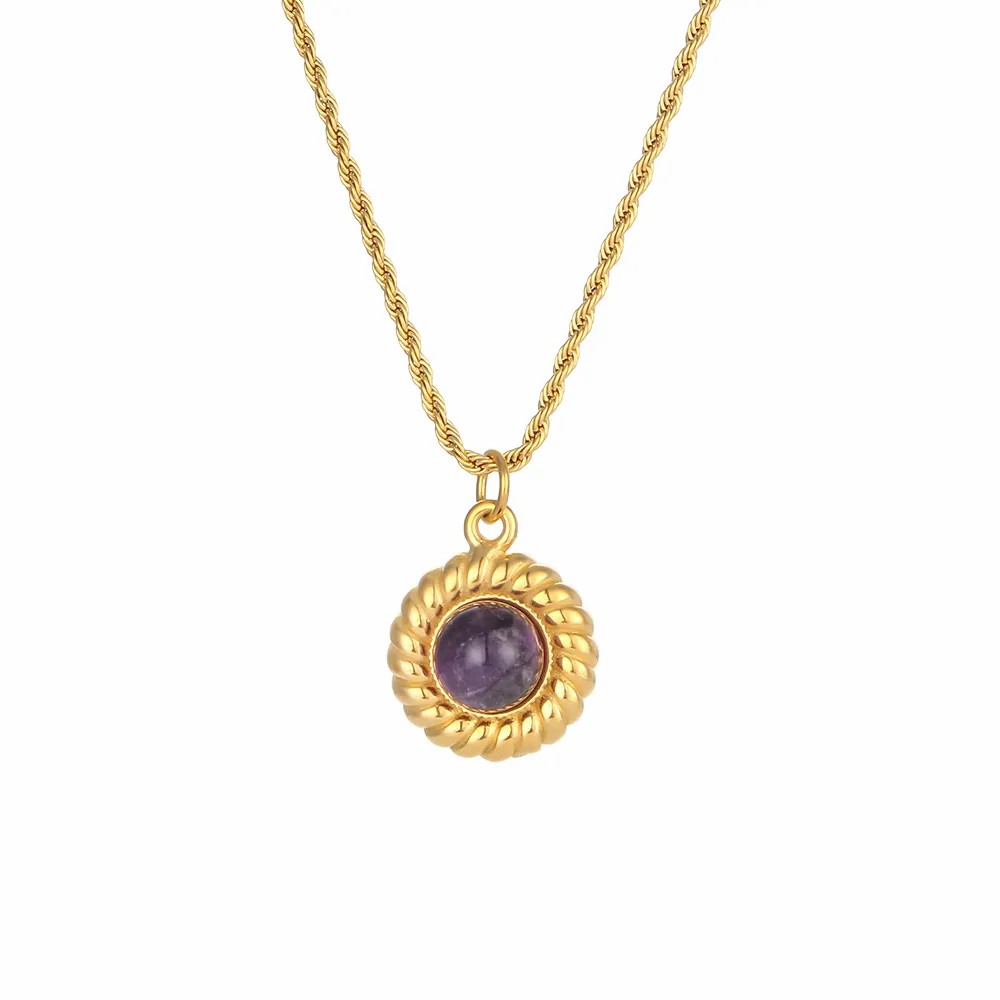 Basic Vintage Style Classic Style Round Stainless Steel Plating Inlay Natural Stone 18K Gold Plated Pendant Necklace_colorza_2