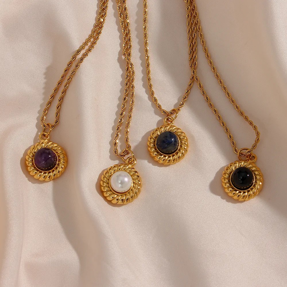 Basic Vintage Style Classic Style Round Stainless Steel Plating Inlay Natural Stone 18K Gold Plated Pendant Necklace_colorza_3