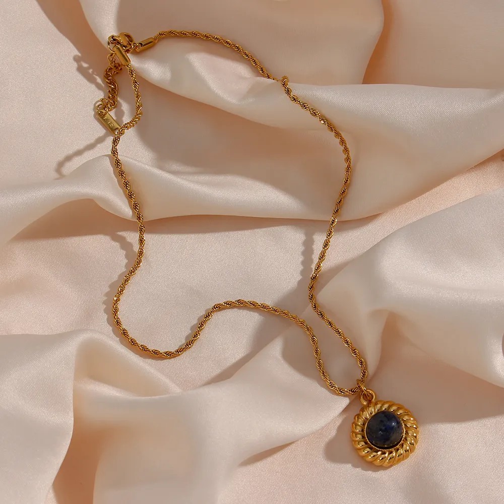 Basic Vintage Style Classic Style Round Stainless Steel Plating Inlay Natural Stone 18K Gold Plated Pendant Necklace_colorza_4