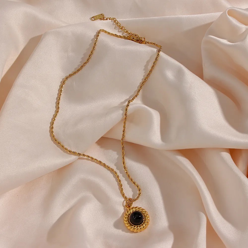 Basic Vintage Style Classic Style Round Stainless Steel Plating Inlay Natural Stone 18K Gold Plated Pendant Necklace_colorza_6