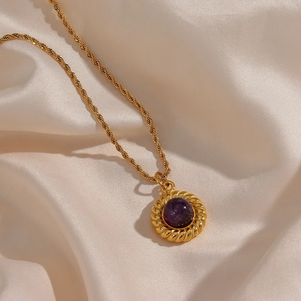 Basic Vintage Style Classic Style Round Stainless Steel Plating Inlay Natural Stone 18K Gold Plated Pendant Necklace_colorza_7