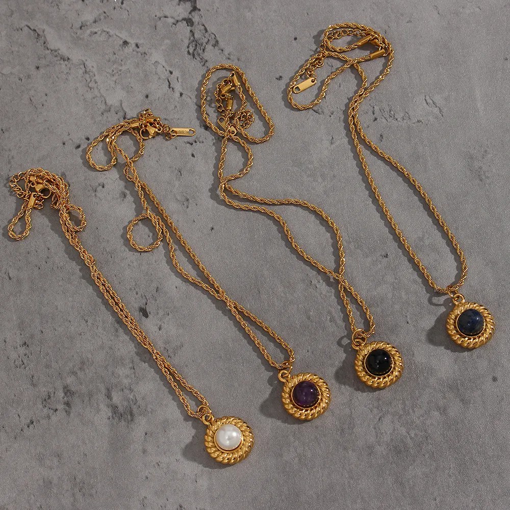 Basic Vintage Style Classic Style Round Stainless Steel Plating Inlay Natural Stone 18K Gold Plated Pendant Necklace_colorza_9