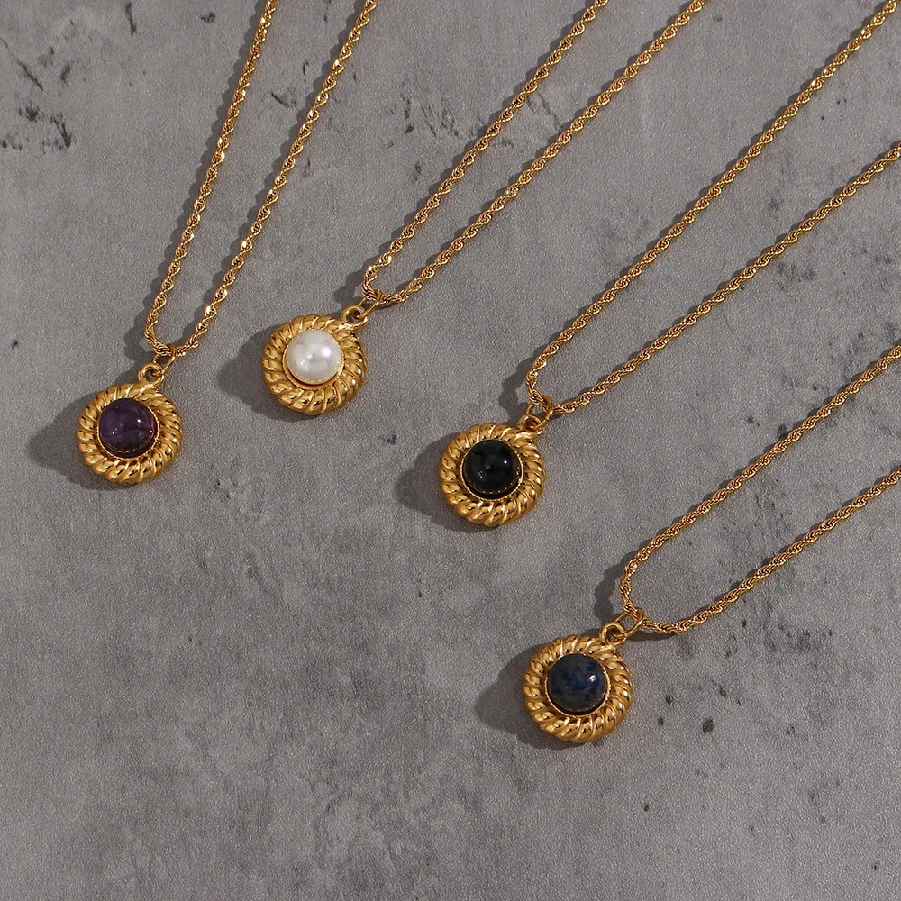 Basic Vintage Style Classic Style Round Stainless Steel Plating Inlay Natural Stone 18K Gold Plated Pendant Necklace_colorza_10