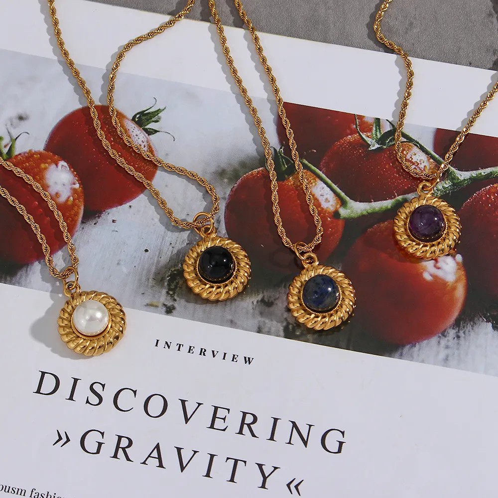 Basic Vintage Style Classic Style Round Stainless Steel Plating Inlay Natural Stone 18K Gold Plated Pendant Necklace_colorza_11