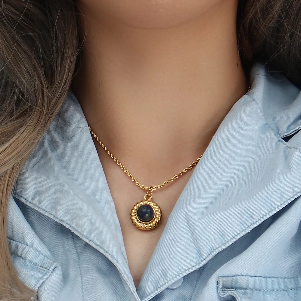 Basic Vintage Style Classic Style Round Stainless Steel Plating Inlay Natural Stone 18K Gold Plated Pendant Necklace_colorza_13