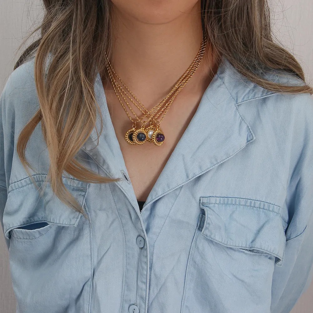 Basic Vintage Style Classic Style Round Stainless Steel Plating Inlay Natural Stone 18K Gold Plated Pendant Necklace_colorza_14