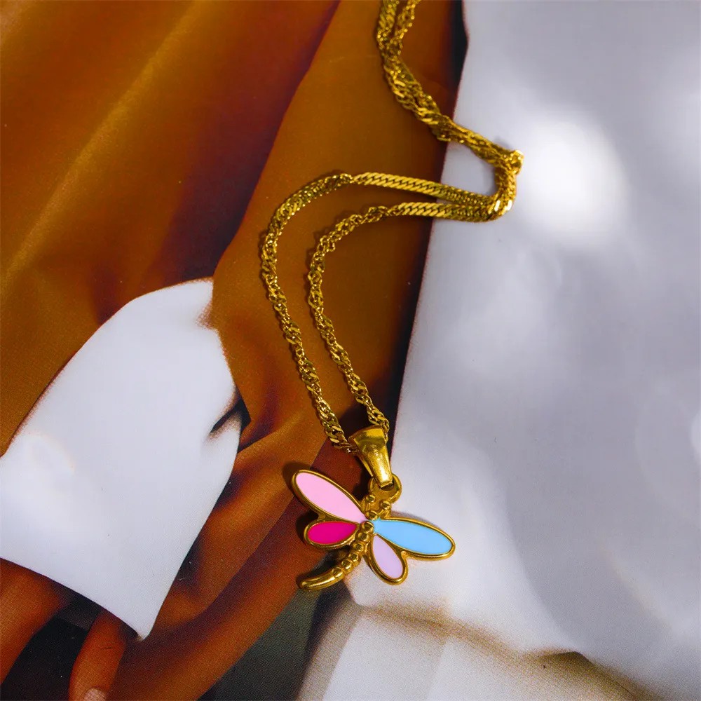 Casual Sweet Simple Style Dragonfly Stainless Steel Plating Three-Dimensional 18K Gold Plated Pendant Necklace_colorza_1