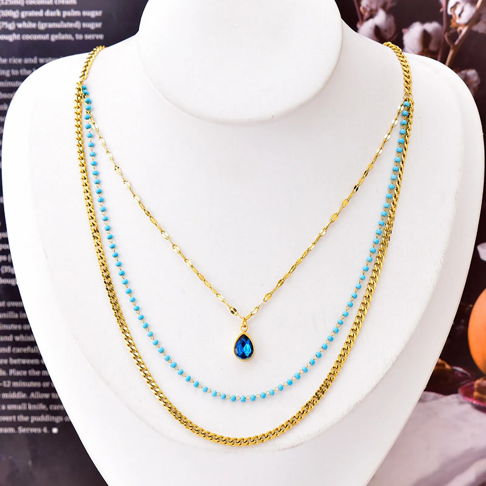 Vintage Style Luxurious Water Droplets Titanium Steel Plating Inlay Zircon 18K Gold Plated Layered Necklaces_colorza_2