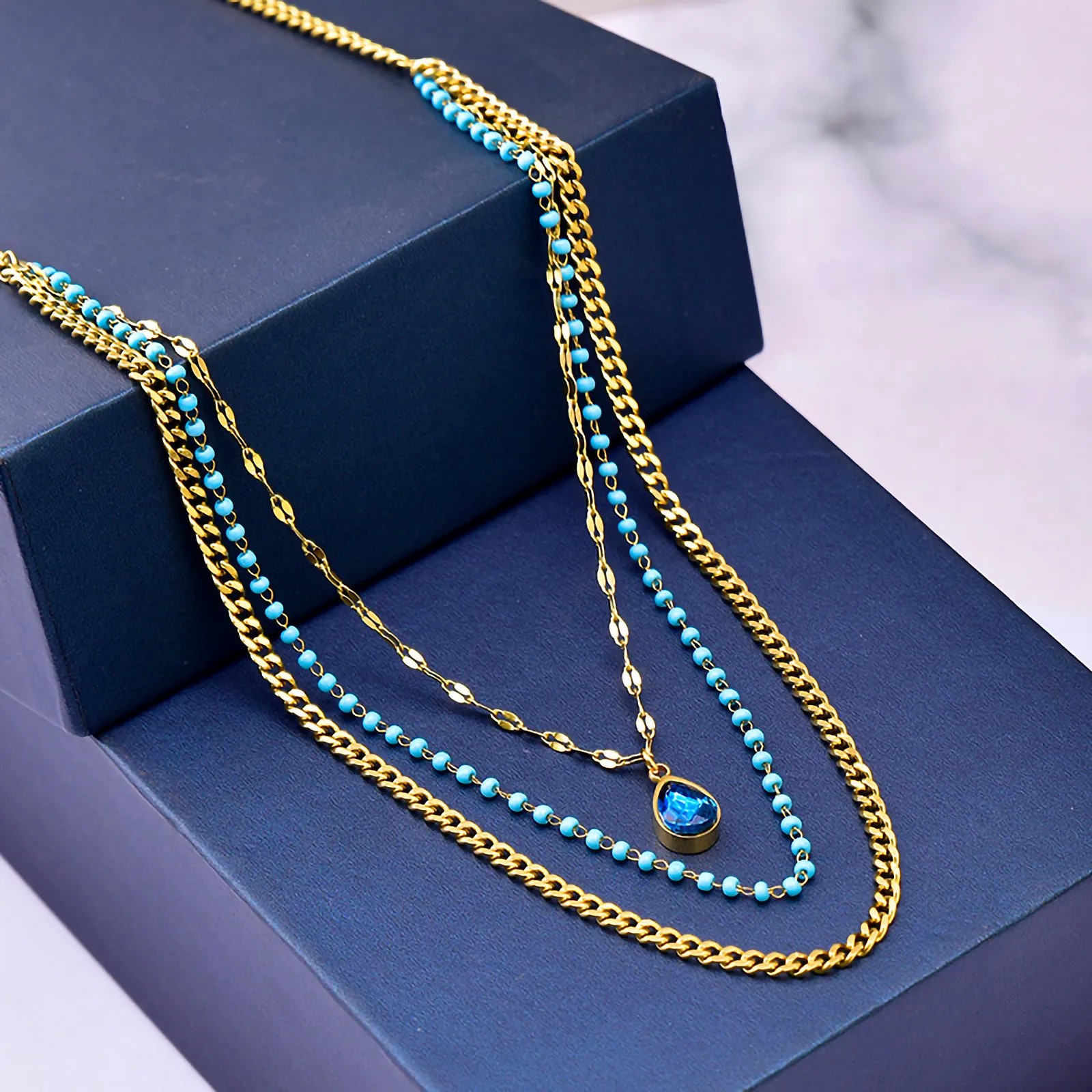 Vintage Style Luxurious Water Droplets Titanium Steel Plating Inlay Zircon 18K Gold Plated Layered Necklaces_colorza_3