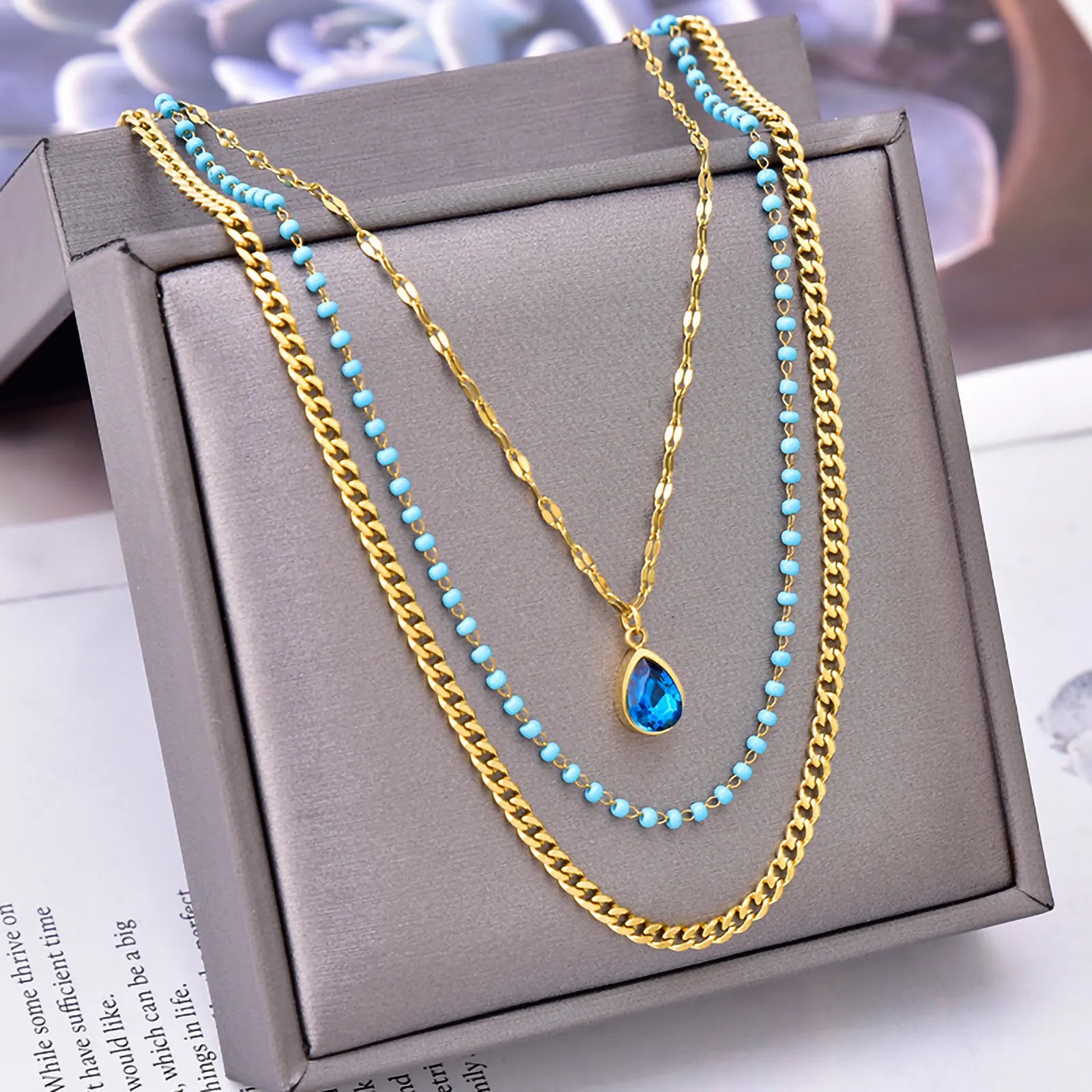 Vintage Style Luxurious Water Droplets Titanium Steel Plating Inlay Zircon 18K Gold Plated Layered Necklaces_colorza_4