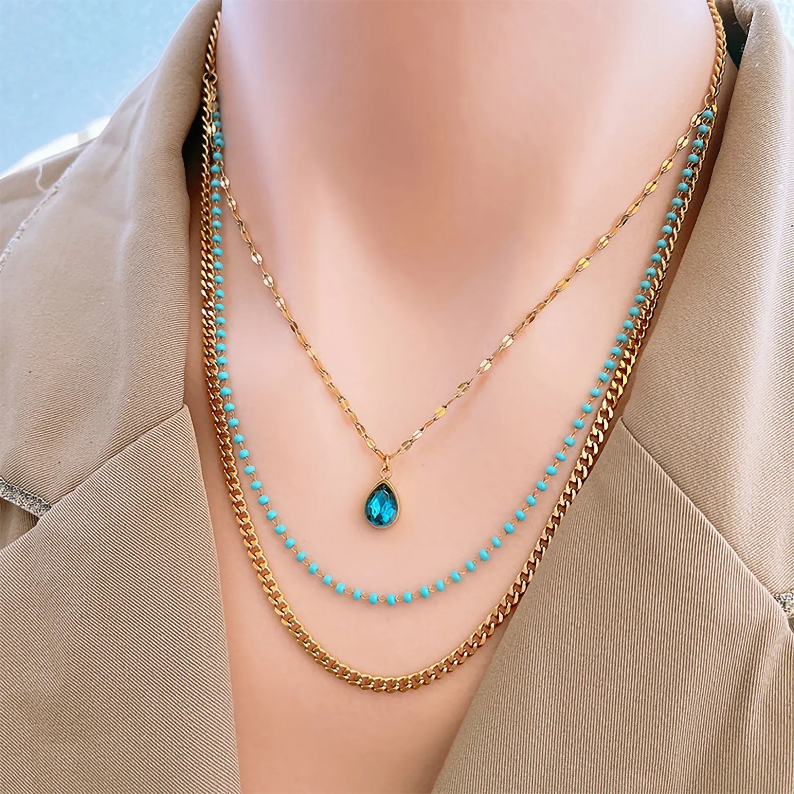 Vintage Style Luxurious Water Droplets Titanium Steel Plating Inlay Zircon 18K Gold Plated Layered Necklaces_colorza_5