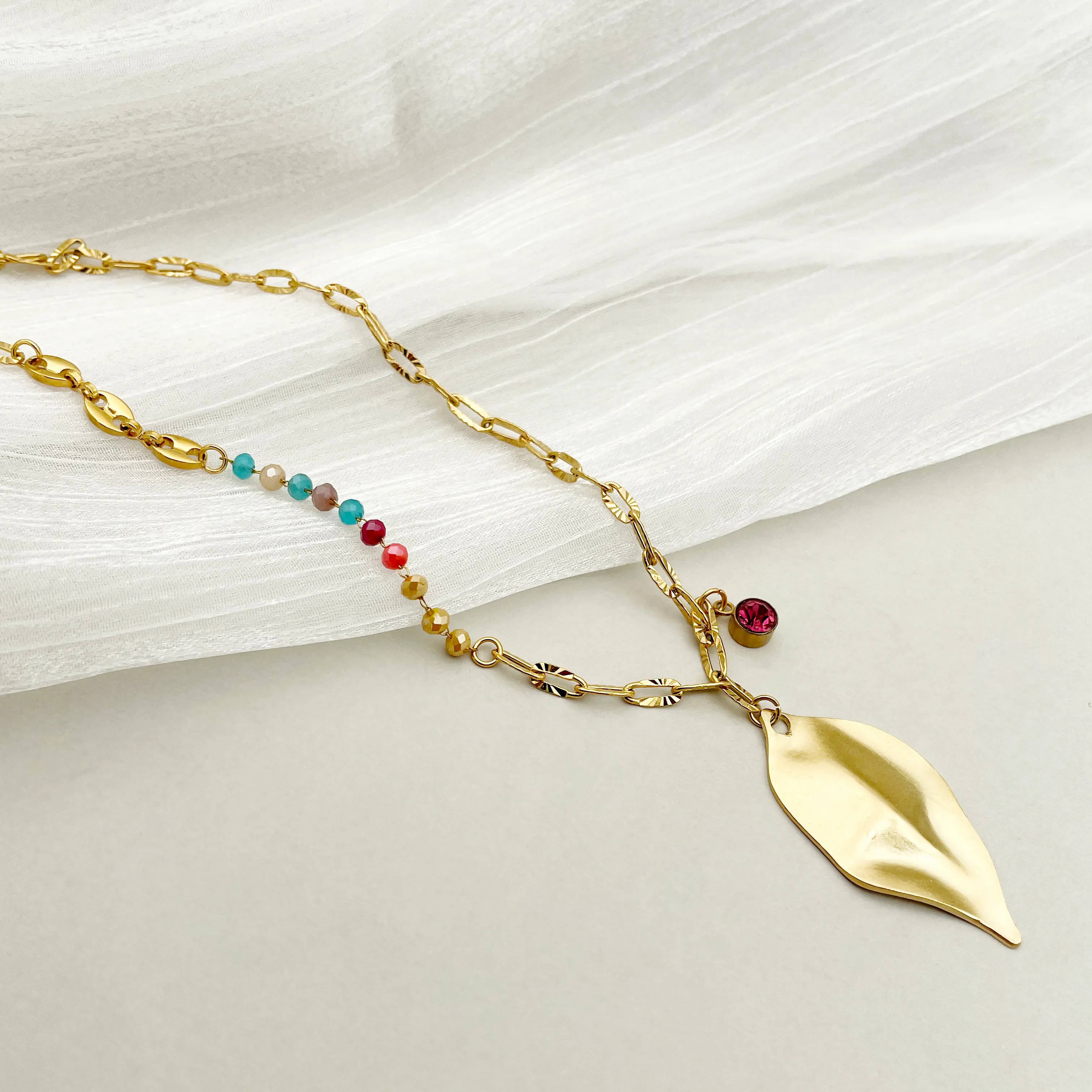 Casual Vacation Leaves Stainless Steel Polishing Plating Inlay Crystal Zircon Gold Plated Pendant Necklace_colorza_1
