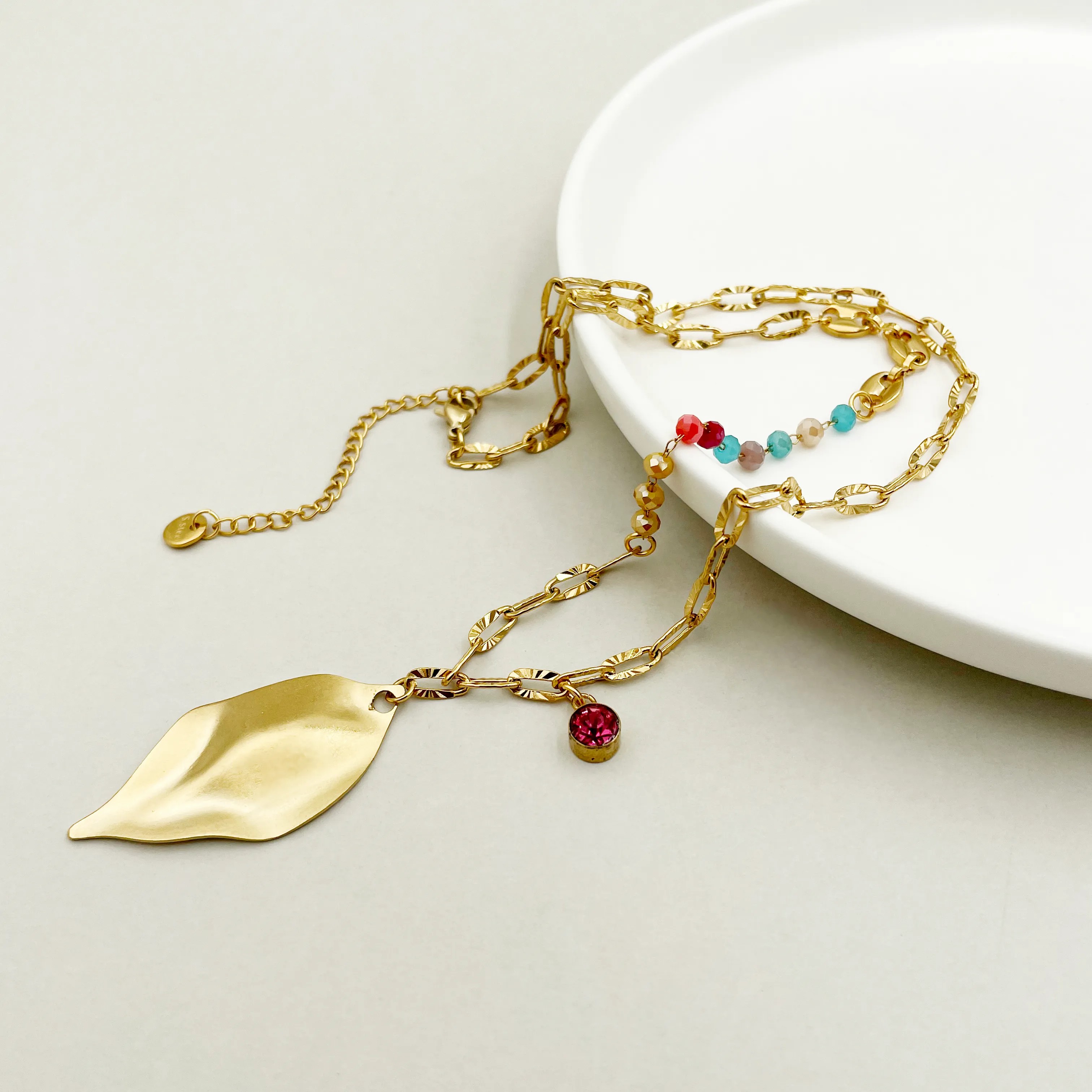 Casual Vacation Leaves Stainless Steel Polishing Plating Inlay Crystal Zircon Gold Plated Pendant Necklace_colorza_2