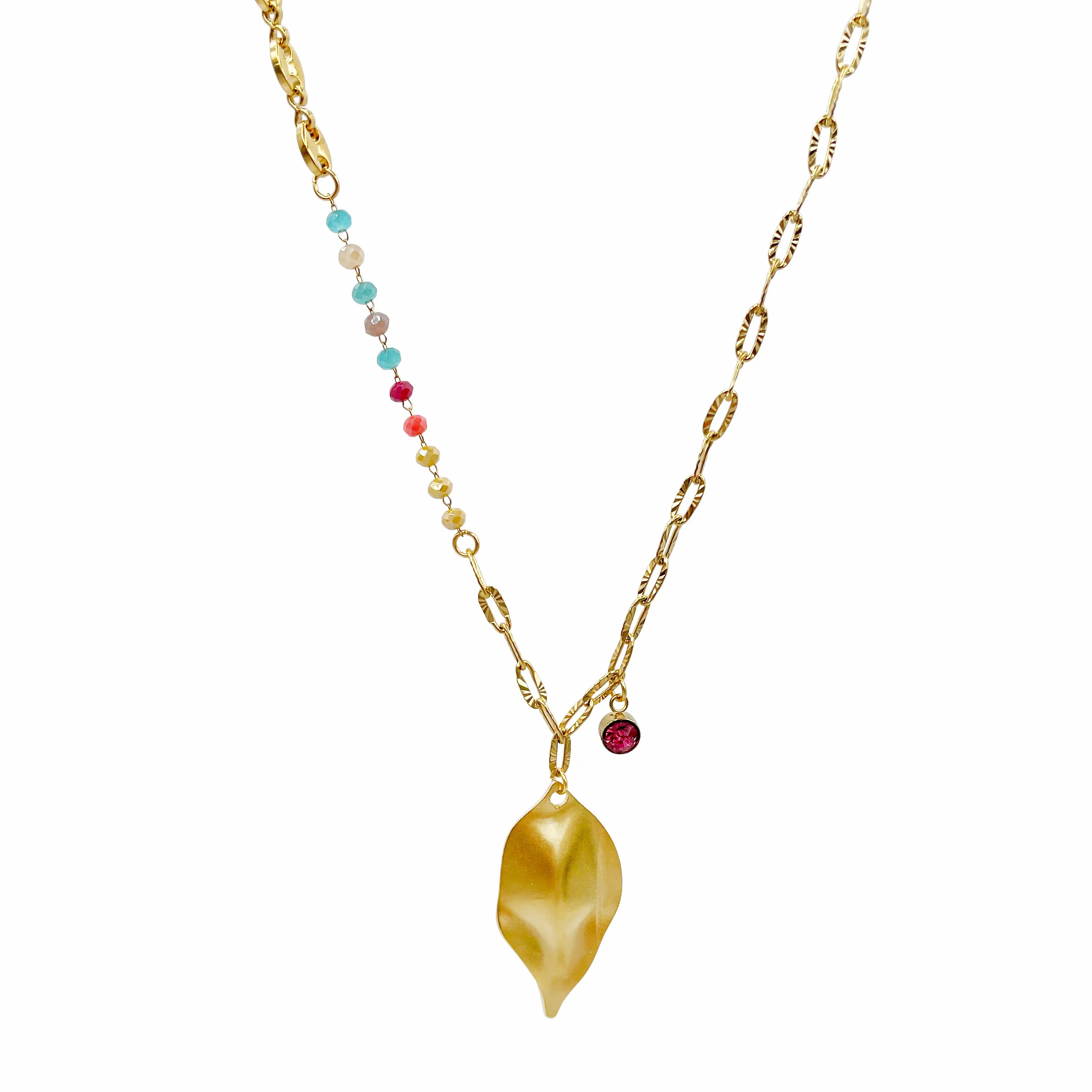 Casual Vacation Leaves Stainless Steel Polishing Plating Inlay Crystal Zircon Gold Plated Pendant Necklace_colorza_4