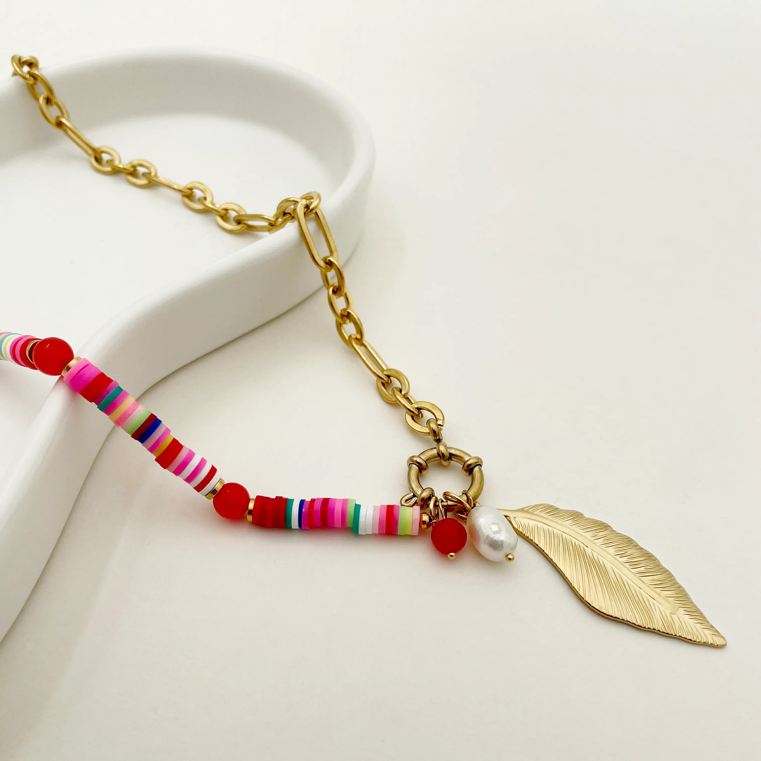 Casual Artistic Feather Stainless Steel Beaded Polishing Plating Gold Plated Pendant Necklace Long Necklace_colorza_1