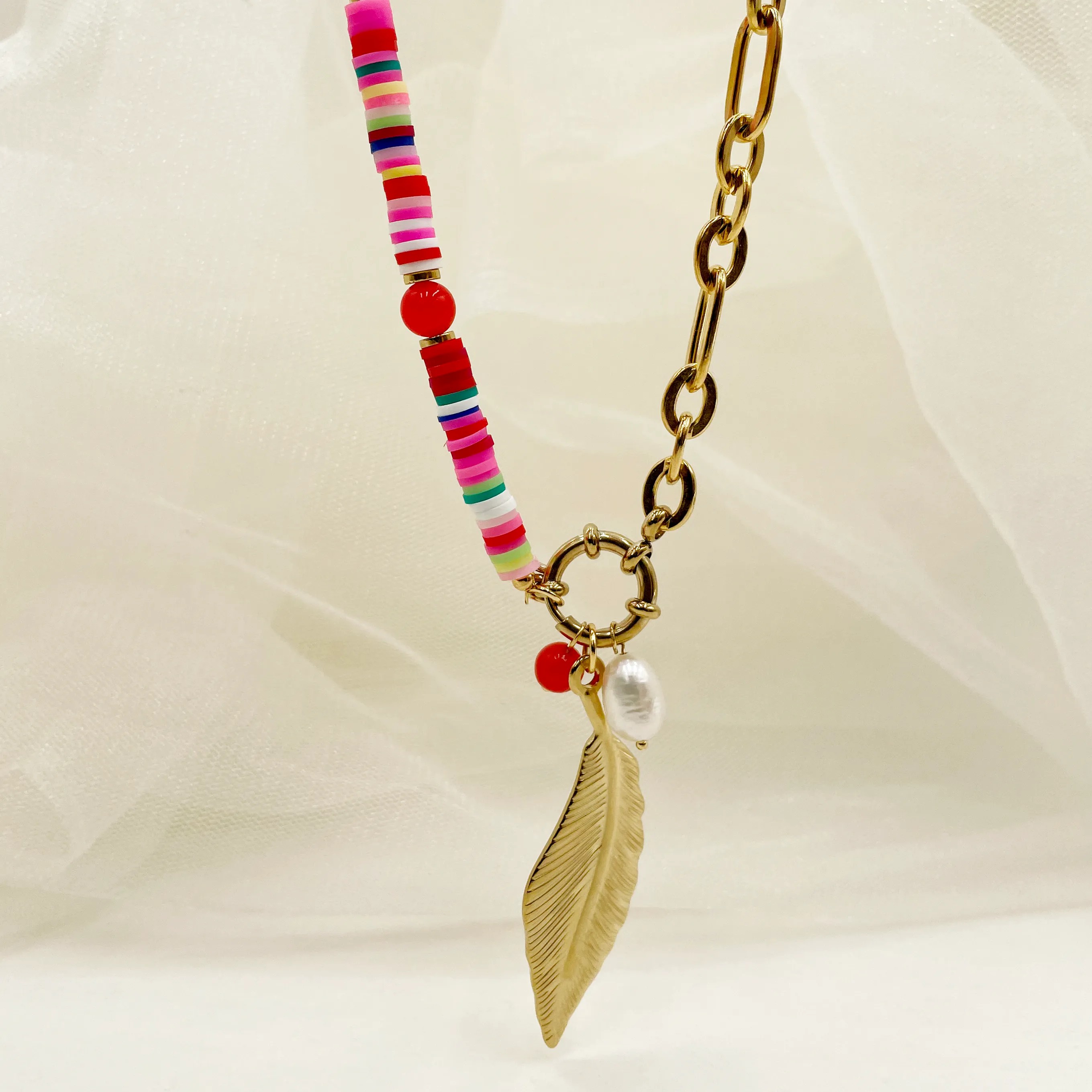 Casual Artistic Feather Stainless Steel Beaded Polishing Plating Gold Plated Pendant Necklace Long Necklace_colorza_2