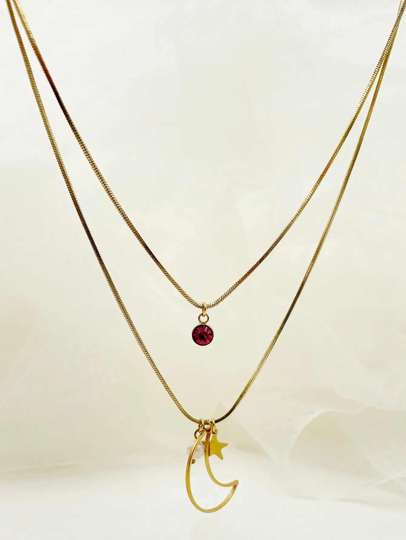 Sweet Commute Star Moon Stainless Steel Pearl Plating Hollow Out Zircon Gold Plated Layered Necklaces_colorza_1