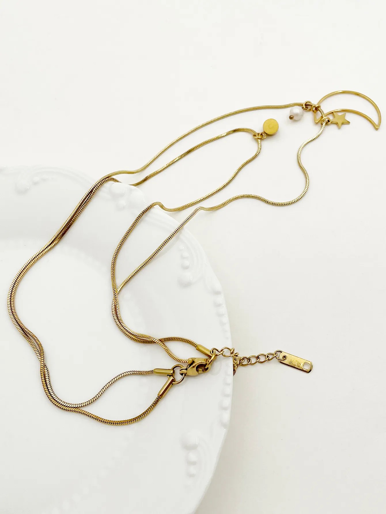 Sweet Commute Star Moon Stainless Steel Pearl Plating Hollow Out Zircon Gold Plated Layered Necklaces_colorza_2