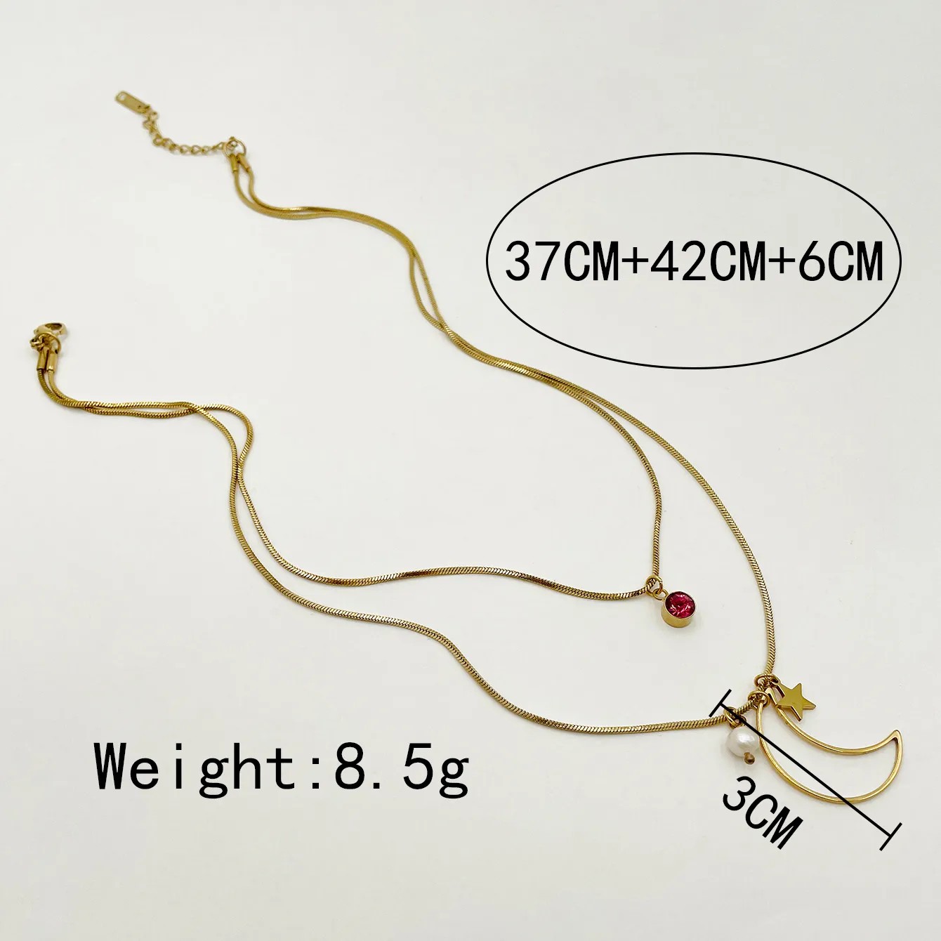 Sweet Commute Star Moon Stainless Steel Pearl Plating Hollow Out Zircon Gold Plated Layered Necklaces_colorza_3