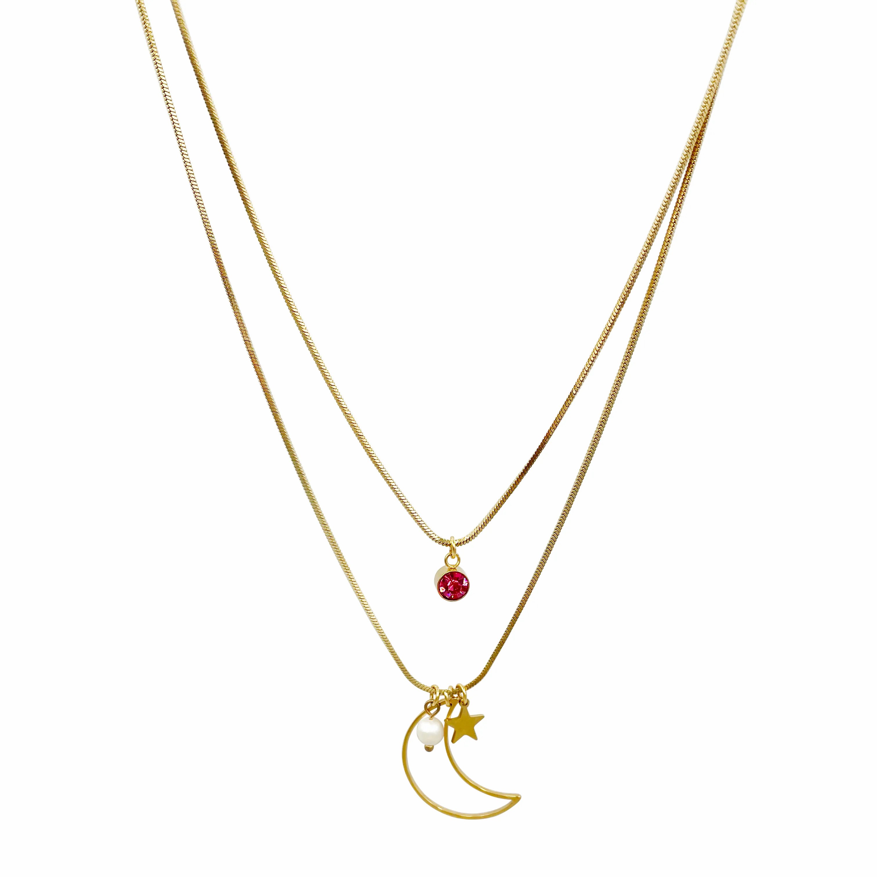 Sweet Commute Star Moon Stainless Steel Pearl Plating Hollow Out Zircon Gold Plated Layered Necklaces_colorza_4